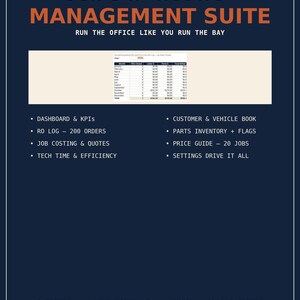 May include: A digital Auto Shop Management Suite for Excel and Google Sheets on a dark blue background. Text includes VON BY DESIGN, AUTO SHOP MANAGEMENT SUITE, RUN THE OFFICE LIKE YOU RUN THE BAY, 8 SHEETS, LIVE FORMULAS, and feature lists.