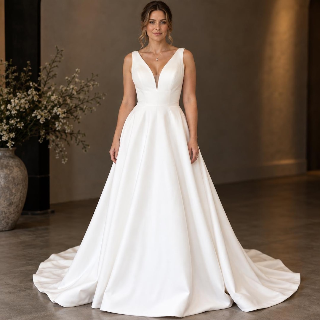 Satin A Line Wedding Dress, V Neck Bridal Gown, Sleeveless Wedding Satin A Line Wedding Dress, V Neck Bridal Gown, Sleeveless Wedding