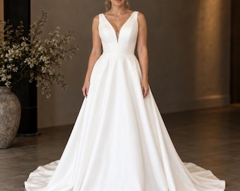 Brautkleid aus Satin in A-Linie, Brautkleid mit V-Ausschnitt, ärmelloses Brautkleid, Brautkleid mit Schnürung am Rücken, Brautkleid mit langer Schleppe, maßgefertigt