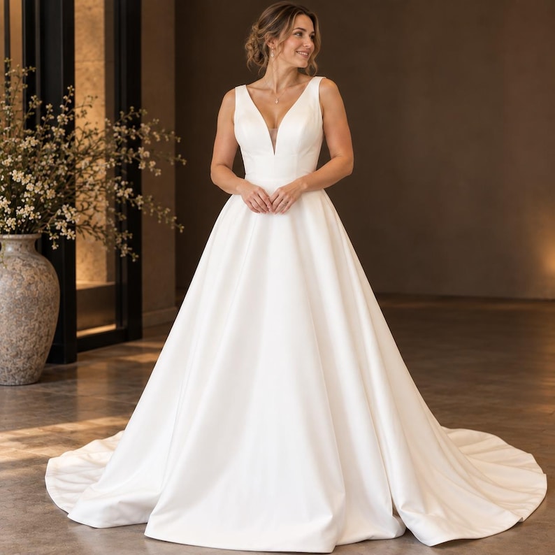 Satin A Line Wedding Dress, V Neck Bridal Gown, Sleeveless Wedding Satin A Line Wedding Dress, V Neck Bridal Gown, Sleeveless Wedding
