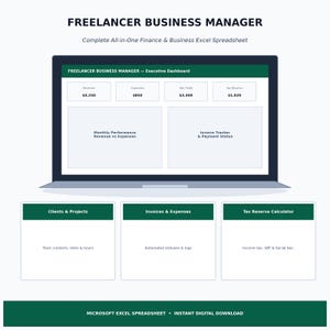 Pode incluir: Uma planilha digital do Excel Freelancer Business Manager exibida na tela de um laptop. A interface apresenta um painel executivo com dados de receita, despesas, lucro líquido e reserva fiscal, além de seções para clientes e faturas.