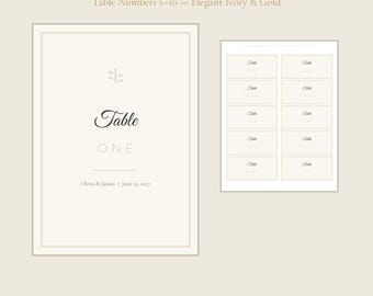 Vorlage für Tischnummern zur Hochzeit – Bearbeitbare Tischnummernkarten 1 bis 10 – Elegante, elfenbein-goldene Tischkarten zum Ausdrucken – Sofort-Download