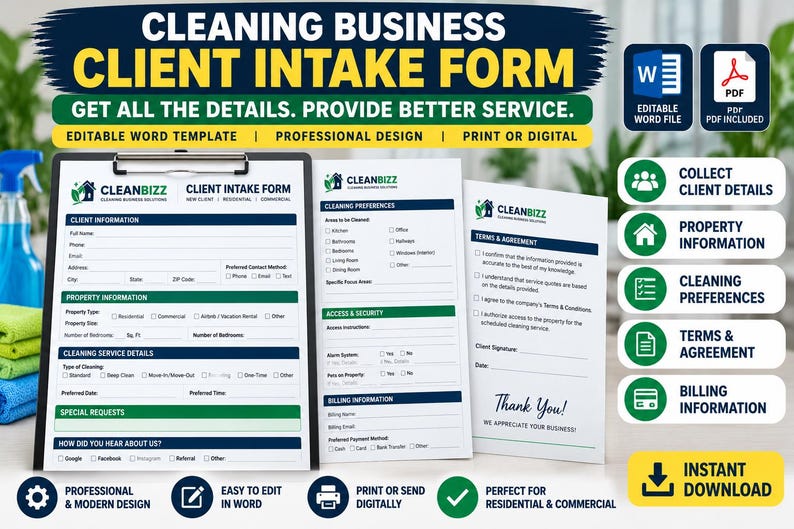 Cleaning Business Client Intake Form, New Customer Form, Residential ...