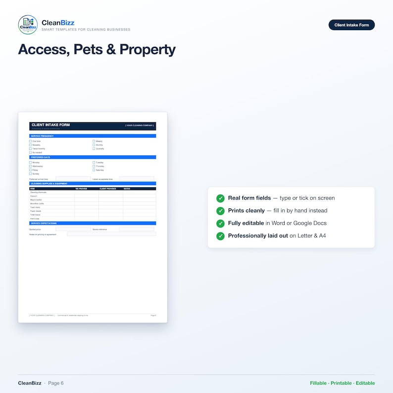 Cleaning Business Client Intake Form, New Customer Form, Residential ...