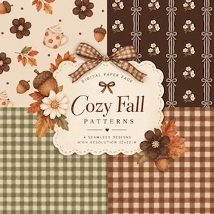Può includere: Un pacchetto di carta digitale con quattro motivi senza cuciture a tema autunnale, tra cui ghiande, foglie, fiori e tazze. Un'etichetta centrale smerlata mostra il testo: Digital Paper Pack, Cozy Fall Patterns, 4 Seamless Designs, High Resolution 12x12 in.