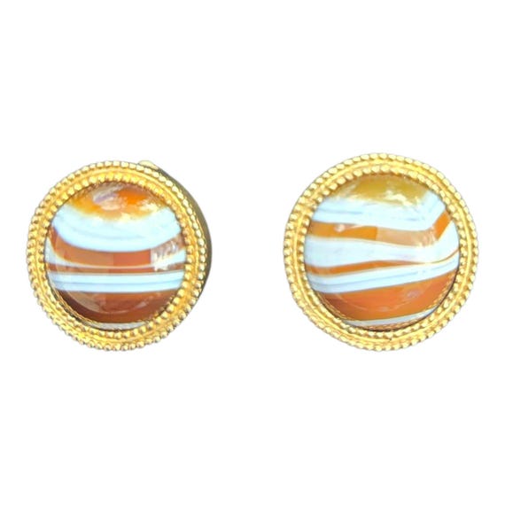 Gold washed Sterling Bonded Agate Clip Back Earrings signed TBM MMA