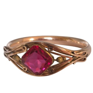 Antique Rolled Gold Bangle Bracelet, Large Faceted Pink Ruby Paste Stone, Capital R Mark