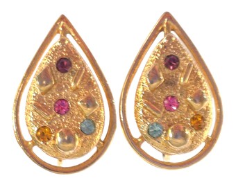 Sarah Coventry Teardop Clip Earrings, pink, blue, yellow and purple rhinestone, gold tone