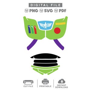 Puede incluir: Un archivo digital que contiene un diseño gráfico de una placa de pecho de guardián espacial en verde, blanco y morado con un emblema azul, un círculo rojo y un rectángulo amarillo, junto a un gráfico de visera de casco negro y verde. El texto incluye DIGITAL FILE, PNG, SVG, PDF, CUT FILE, PRINTABLE e INSTANT DOWNLOAD.