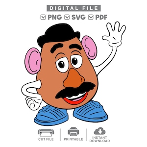 Op de afbeelding: Een digitaal bestand met een illustratie van een bruin aardappelpersonage met een zwarte hoed, roze oren en blauwe schoenen. Het personage heeft een snor, een oranje neus en witte handschoenen. Tekst: DIGITAL FILE, PNG, SVG, PDF, CUT FILE, PRINTABLE, INSTANT DOWNLOAD.