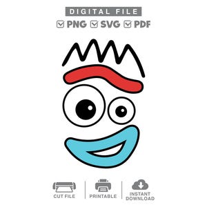 May include: A digital file graphic featuring a cartoon face with black jagged hair, a red eyebrow, two mismatched black and white eyes, and a light blue mouth. The text reads DIGITAL FILE, PNG, SVG, PDF, CUT FILE, PRINTABLE, INSTANT DOWNLOAD.