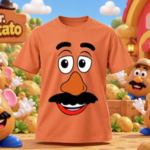 May include: An orange short-sleeve t-shirt featuring a graphic print of a face with black eyebrows, large white eyes with black pupils, an orange nose, a black mustache, and a red mouth with white teeth, mimicking a potato character's features.