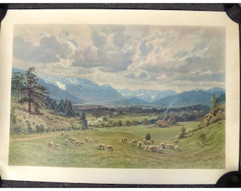 Vintage Max Vogt-Vilseck Alpine Landscape Print | 1952 German Shepherd Scene (27.75"x36")