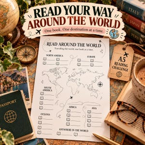 Könnte beinhalten: Ein weißes A5-Lesechallenge-Blatt mit einer Weltkarte und Listen für Kontinente wie Nordamerika, Europa, Südamerika, Afrika, Asien und Ozeanien. Der Text lautet Read Your Way Around The World und Read Around The World.