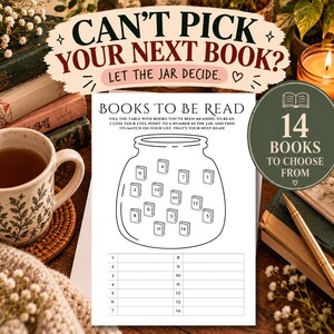 May include: A white paper reading tracker sheet featuring a line drawing of a jar filled with fourteen numbered book icons. The text reads: BOOKS TO BE READ, FILL THE TABLE WITH BOOKS YOU'VE BEEN MEANING TO READ, CLOSE YOUR EYES, POINT TO A NUMBER IN THE JAR, AND FIND ITS MATCH ON YOUR LIST. THAT'S YOUR NEXT READ!