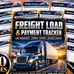 Puede incluir: Un libro de registro Freight Load & Payment Tracker con un camión azul en la portada. El conjunto incluye varias páginas de seguimiento para gestión de carga, gastos comerciales y mantenimiento, con 40 páginas en total.