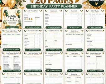 May include: A 20-page birthday party planner digital template featuring a cover and various organizational sheets including guest lists, budget trackers, menus, and timelines. The design uses a dark green and gold color scheme with balloons.