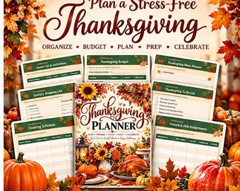 May include: A Thanksgiving planner set featuring a central cover with a turkey and sunflower illustration, surrounded by various organizational sheets including a budget, menu planner, guest list, shopping list, and cooking schedule.