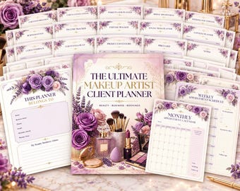 May include: A collection of printed planner pages for makeup artists featuring purple floral accents. The cover displays the text THE ULTIMATE MAKEUP ARTIST CLIENT PLANNER, BEAUTY - BUSINESS - BOOKINGS, with illustrations of makeup brushes, lipstick, and perfume.