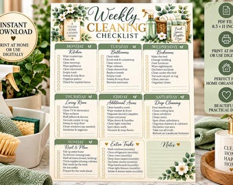 May include: A weekly cleaning checklist document featuring a grid layout with daily tasks from Monday to Sunday, decorated with green leaves and white flowers. The text includes headings for each day and a section for extra tasks and notes.