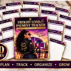 Op de afbeelding: Een 40-pagina tellende Freight Load & Payment Tracker planner met een paarse vrachtwagen en een persoon in een jas op de omslag. De tekst luidt: Freight Load & Payment Tracker, Built for Women Who Move the World, en Plan, Track, Organize, Grow.