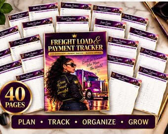 May include: A Freight Load & Payment Tracker planner with 40 pages, featuring a purple truck and a person wearing a jacket on the cover. The text reads: Freight Load & Payment Tracker, Built for Women Who Move the World, and Plan, Track, Organize, Grow.