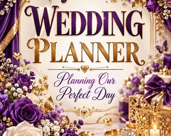 May include: A wedding planner book cover featuring the text "WEDDING PLANNER Planning Our Perfect Day" in gold and purple lettering, surrounded by purple and white roses, gold leaves, butterflies, and two gold rings near a lit lantern.