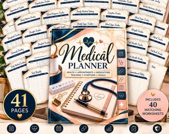 May include: A medical planner with 41 pages and 40 matching worksheets in a printable PDF format. The cover features a stethoscope, a pen, a pill organizer, and the text Medical Planner. It includes sections for health, appointments, and medications.