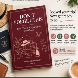 Puede incluir: Un cuaderno de preparación de viajes color granate titulado DON'T FORGET THIS con dibujos lineales blancos de una maleta, un sombrero y un avión. La portada incluye el texto Thoughtfully Prepared y Anna P. Es un cuaderno imprimible de 12 páginas.