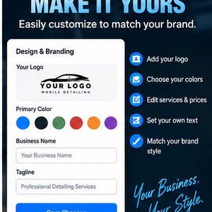 以下が含まれることがあります： MAKE IT YOURSというテキストが表示されたブランドカスタマイズ用のデジタルインターフェース。ロゴ、6色のカラー選択、ビジネス名、タグラインの入力フィールド、およびSave Changesと書かれた青いボタンが含まれています。