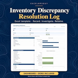 Puede incluir: Una plantilla de Excel titulada Inventory Discrepancy Resolution Log que presenta un panel de discrepancias con tablas de datos y gráficos de barras. El panel muestra métricas como problemas registrados, abiertos y cerrados, junto con causas de cierres completados.