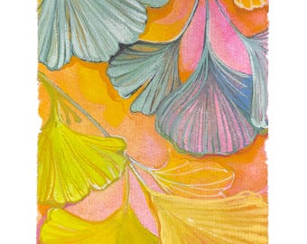 Ginkgo leaf gouache painting, digital print