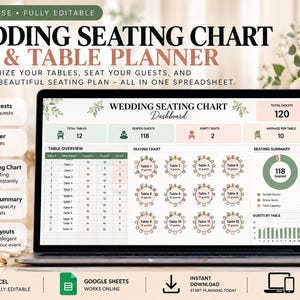 Könnte beinhalten: Ein Laptop-Bildschirm zeigt eine Tabellenkalkulation für Hochzeits-Sitzpläne. Das Dashboard enthält eine Tabellenübersicht, einen visuellen Sitzplan mit zwölf Tischen, eine Sitzplatzübersicht und eine Gesamtzahl von 120 Gästen.