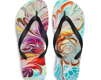 Flip Flops, Abstract Fluid Art Flip Flops, Colorful Marbled Sandals, Vibrant Summer Beach Shoes, Psychedelic Pool Slides,  Art Gift for Her.