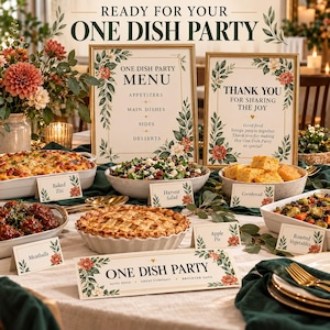 Op de afbeelding: Een set bedrukte bordjes voor een feest, inclusief een menu, een bedankkaartje en labels voor ziti, salade, maïsbrood, gehaktballen, appeltaart en groenten, allemaal versierd met bloemrijke randen.