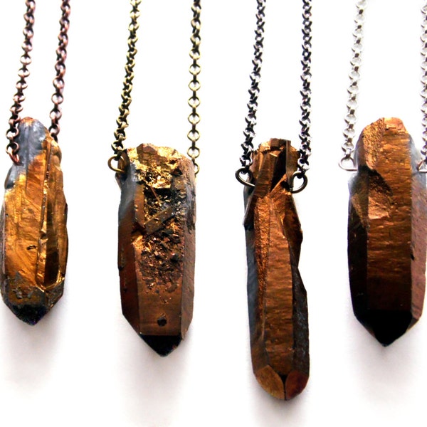 Raw Crystal Necklace Gold Titanium Quartz | Stirling Silver, Silver-Plated, Gunmetal, Antiqued Brass or Antiqued Copper Chain