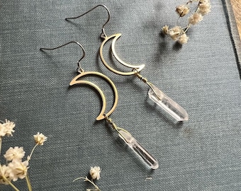 Raw Clear Quartz Point Crescent Moon Outline  Brass Dangle Earrings - Celestial Earrings - Statement Jewelry - Pyrite Beads