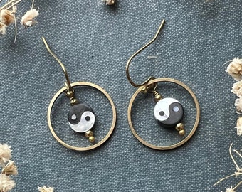 Yin and Yang Mother of Pearl Brass Hoop Earrings | Hypoallergenic Ear Wire Options  | Shell Earrings | Black and White | Ying and Yang