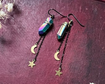 Moon and Star Rainbow Aura Quartz Crystal Black Chain Earrings | Hypoallergenic Ear Wire Options | Long Dangle Earrings | Celestial Earrings