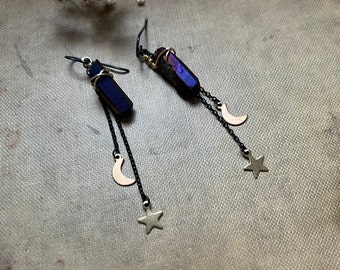 Moon and Star Purple Aura Quartz Crystal Black Chain Earrings | Hypoallergenic Ear Wire Options | Long Dangle Earrings | Celestial Earrings