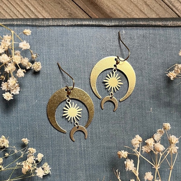 Sun and Moon Brass Earrings | Hypoallergenic Ear Wire Options | Big Earrings | Statement Earrings | Celestial Earrings