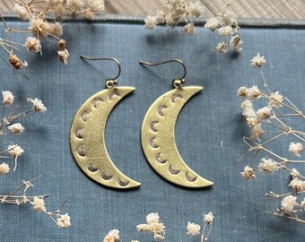 Brass Crescent Moon Hand Stamped Dangle Earrings | Hypoallergenic Ear Wire Options | Niobium | Sterling Silver | Kidney Wires for Gauges