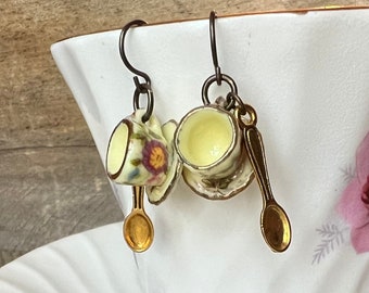 Tea Cup Earrings | Yellow Porcelain Teacups with Floral / Flowers | Hypoallergenic Ear Wires | Kidney Wires for Gauges | Tea Party | Barista