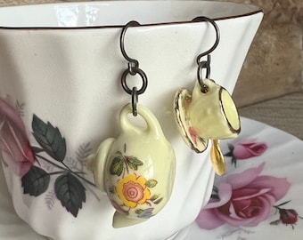 Yellow Porcelain Tea Cup / Tea Pot Earrings with Flowers / Floral Pattern | Teacup | Teapot | Hypoallergenic Ear Wires | Tea Party | Teatime