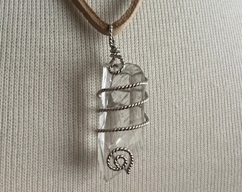 Clear Raw Quartz Crystal Necklace | Sterling Silver Wire-Wrapped | Light Tan Deerskin Leather | 23 Inches