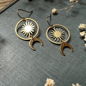 Sun and Moon Raw Brass Hoop Celestial Earrings Hypoallergenic Ear Wire Options Dangle Earrings Brass Ball End Wires