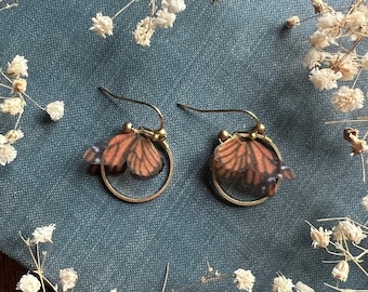 Monarch Butterfly Brass Hoop Earrings | Hypoallergenic Ear Wire Options | Organza Butterflies | Dangle Earrings | Butterfly Earrings