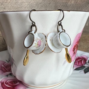 Porcelain Tea Cup Earrings | White Teacups with Flowers / Floral Pattern | Hypoallergenic Ear Wires | Kidney Wires | Teatime | Tea Party