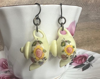 Yellow Porcelain Tea Pot Earrings with Pastel Flowers / Floral Pattern | Teapot | Hypoallergenic Ear Wires | Gauges | Tea Time | Tea Party