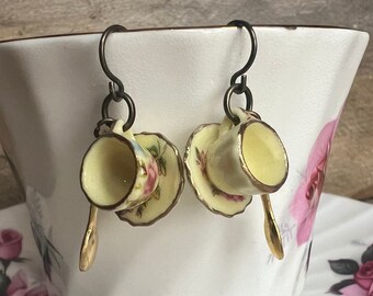 Porcelain Tea Cup Earrings | Yellow Teacups with Flowers / Floral | Hypoallergenic Ear Wires | Kidney Wires for Gauges | Tea Party | Barista